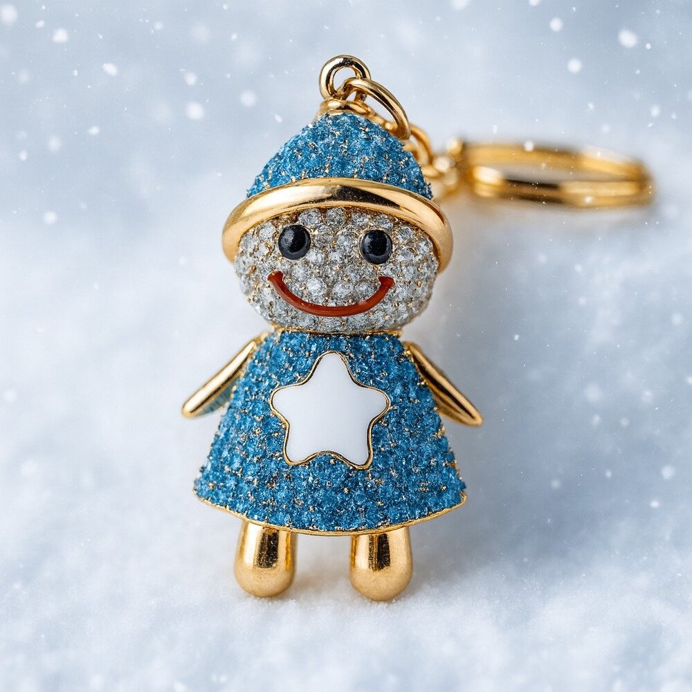 Rhinestone Snowgirl Keychain Bag Charm Cute Blue Glitter Purse Charm